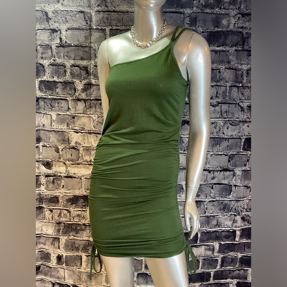 Olive Green 1 Shoulder Mini Summer Bodycon Dress - Picture 7 of 8